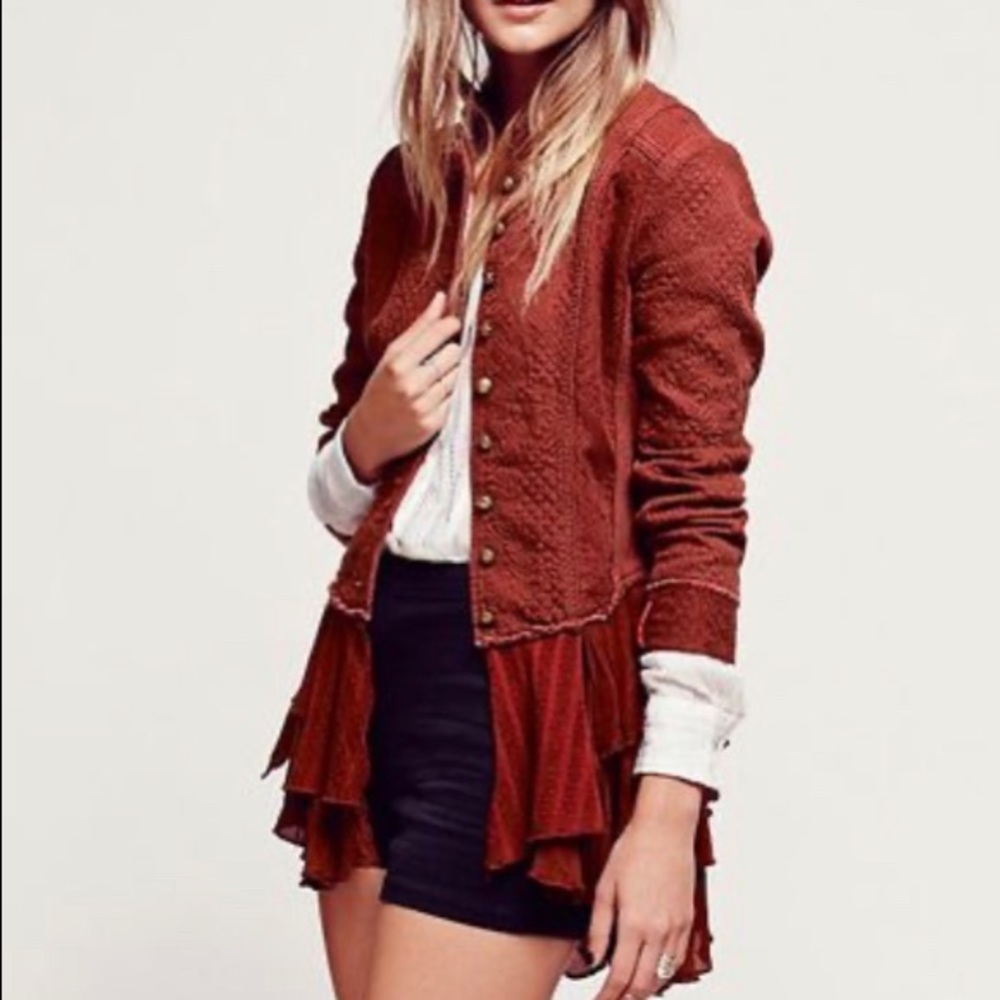 Free People military ruffle jacket in Rust New